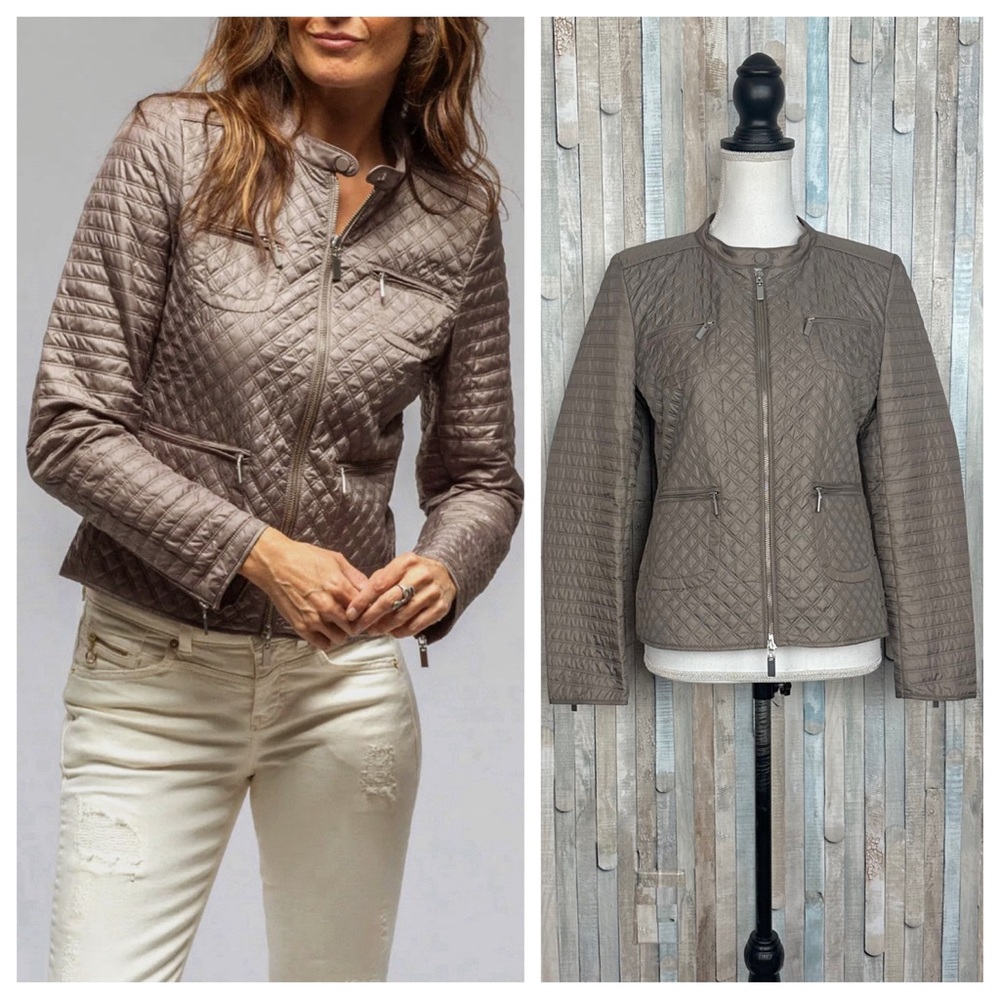 Gimo’s 44 8 Diamond Quilted Eliza Micro Puff Zip Up Moto Jacket Putty Taupe $715
